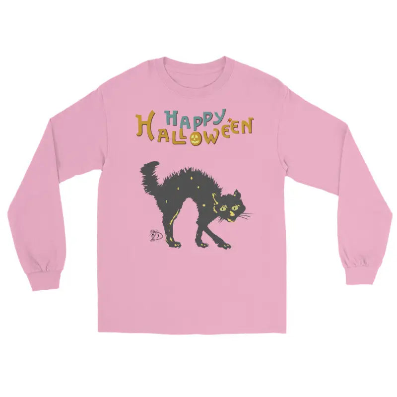 Pink long-sleeve t-shirt with scary cat and colorful Happy Halloween design for all