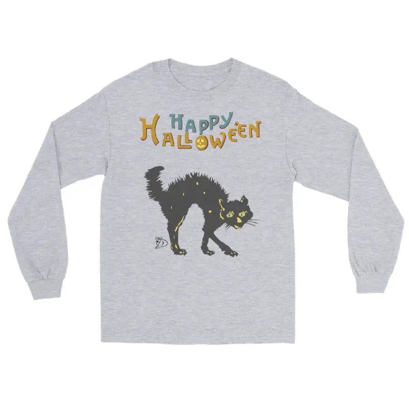 Gray long-sleeve shirt with a scary cat design and colorful Happy Halloween text