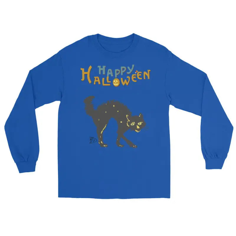 Royal blue long-sleeve t-shirt with scary cat design for Halloween unisex wear