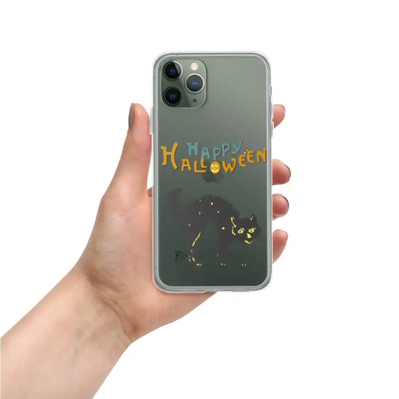 IPhone in clear case featuring Happy Halloween text and Scary Cat Halloween design