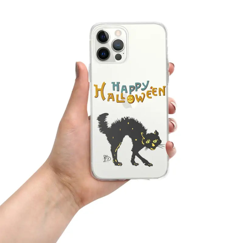 Clear iPhone case with scary cat Halloween design and colorful Happy Halloween text