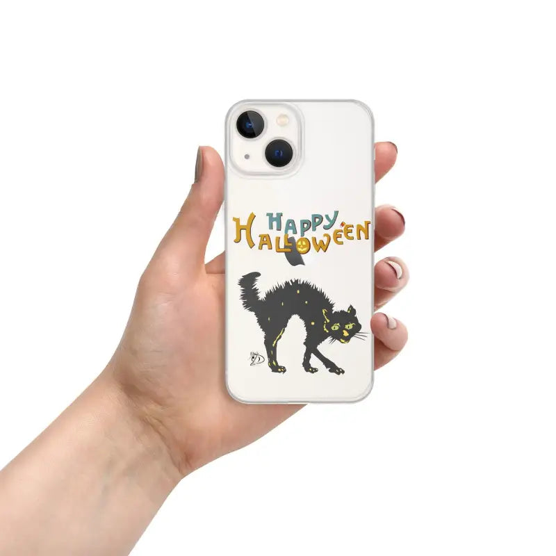 White iPhone case with spooky black cat design and Happy Halloween text for Cat Halloween