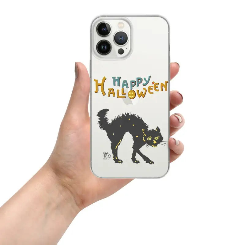 IPhone case featuring a scary cat design and Happy Halloween text for cat Halloween lovers