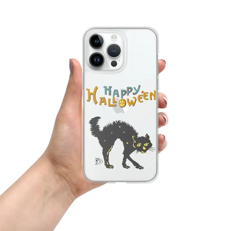 White iPhone case featuring a scary cat Halloween design and colorful text