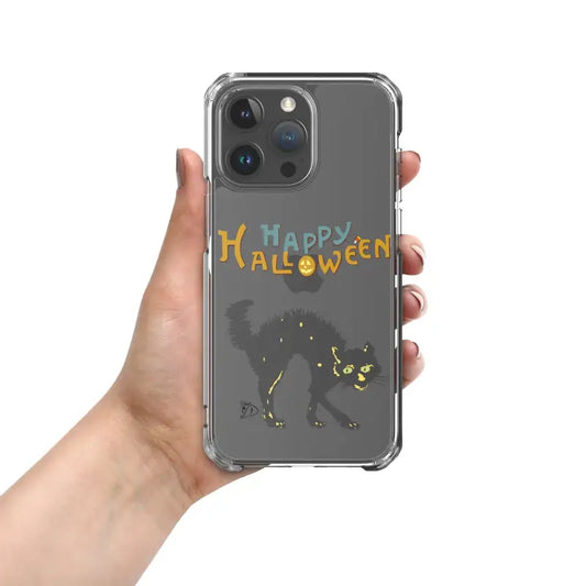 Clear iPhone case featuring a scary cat Halloween design with colorful text