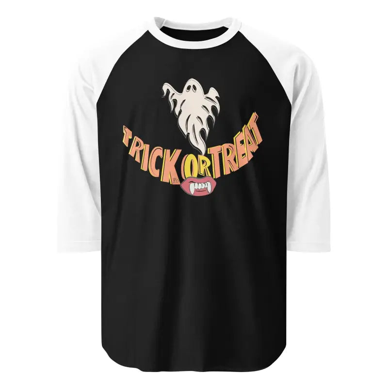 Black and white raglan baseball t-shirt with Trick or Treat text and ghost graphic design