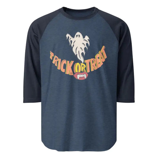 Navy blue baseball t-shirt featuring Trick or Treat design for Enchanted Treat Smiles Spooktacular