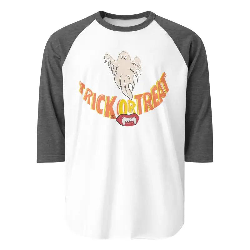 Baseball-style raglan t-shirt featuring Halloween ghost and treat smiles spooktacular design