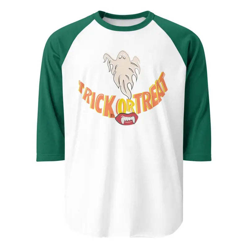 Baseball-style raglan t-shirt with green sleeves featuring Halloween ghost design for Enchanted Treat Smiles Spooktacular