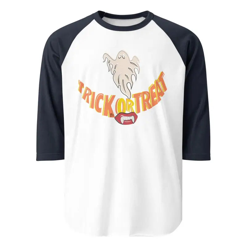 Baseball-style raglan t-shirt featuring Halloween ghost and Treat Smiles Spooktacular design