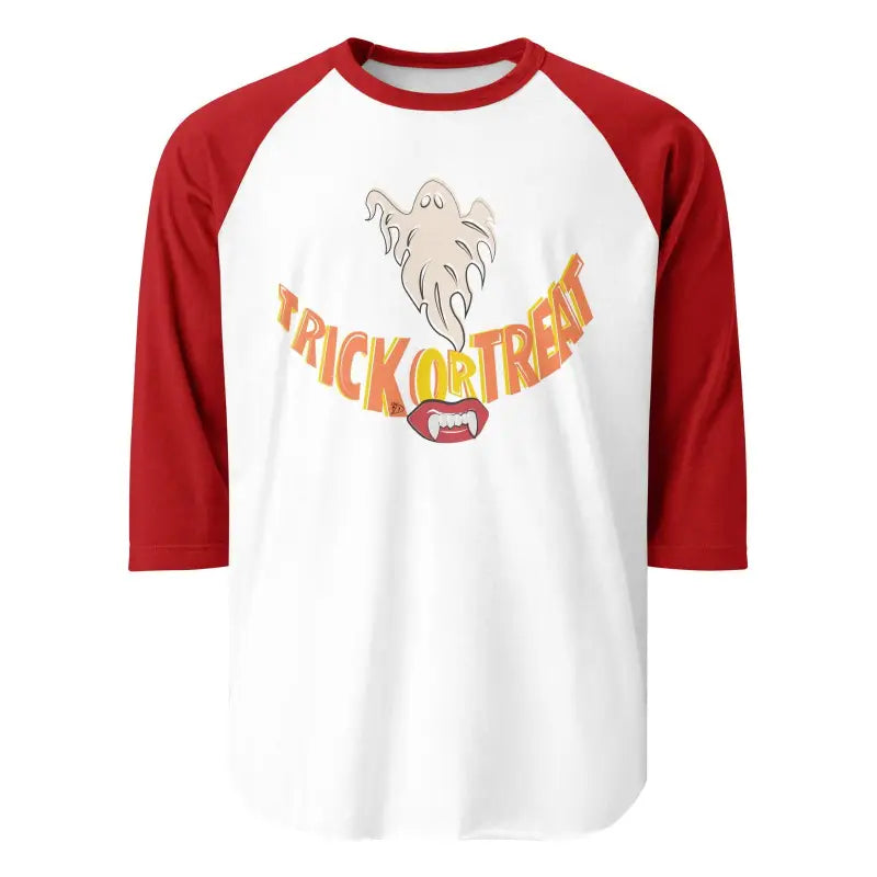 Baseball-style raglan t-shirt featuring treat smiles spooktacular ghost design on white body