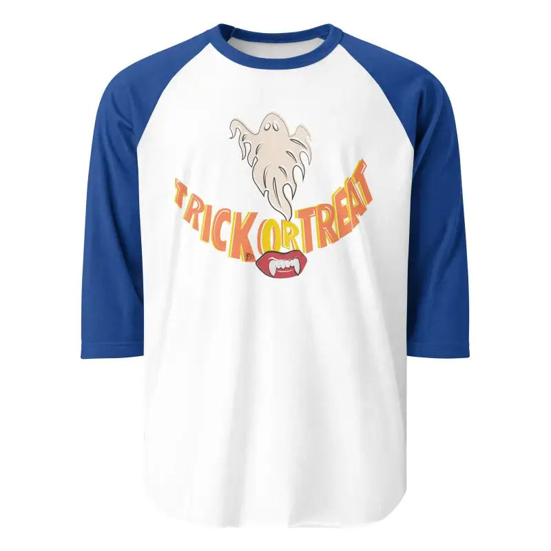 Baseball raglan t-shirt with blue sleeves and a Treat Smiles Spooktacular ghost design