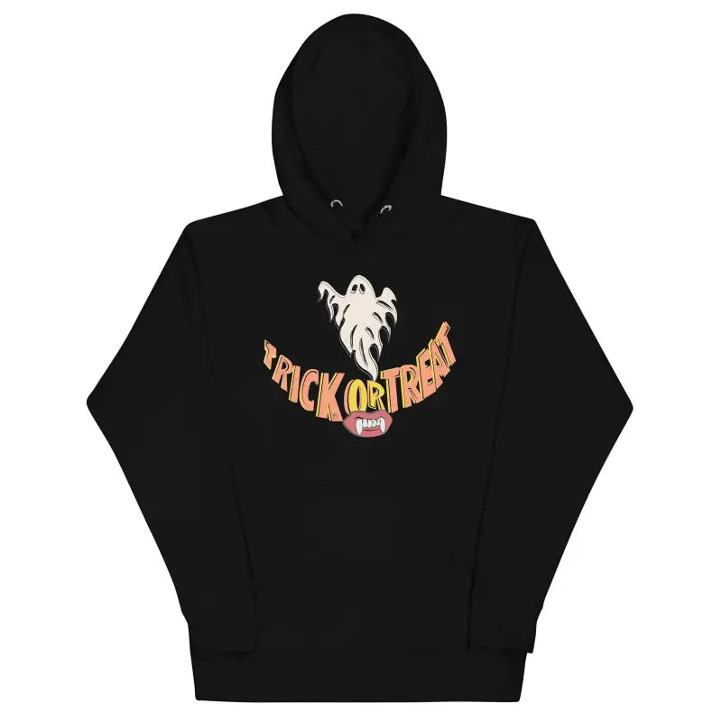 Black hoodie featuring a ghost and Trick or Treat design for Enchanted Treat Smiles Unisex