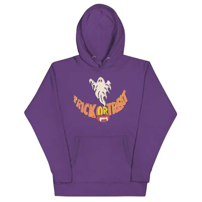 Purple Unisex Hoodie featuring Ghost Design and Trick or Treat Text for Treat Smiles