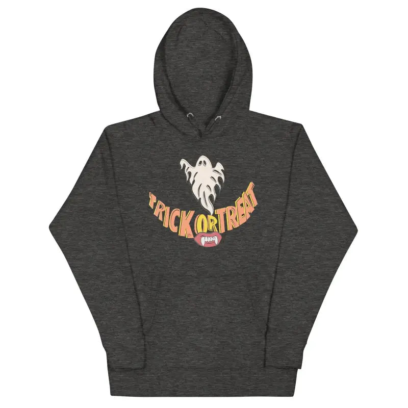 Dark gray treat smiles unisex hoodie featuring ghost and Trick or Treat Halloween design