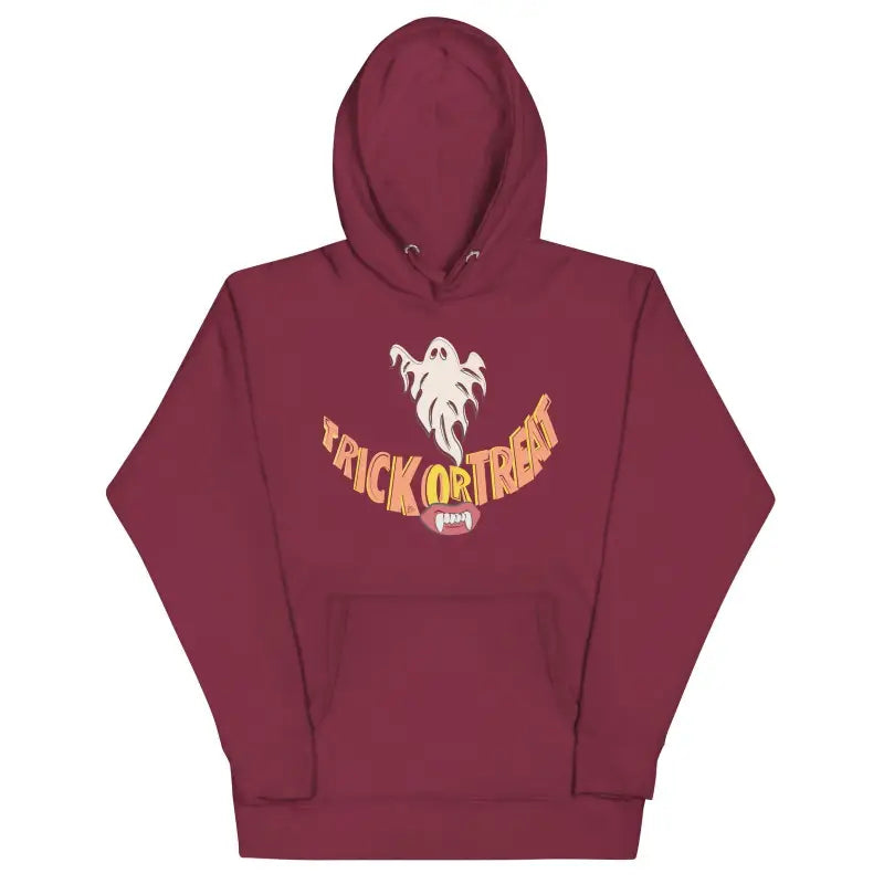 Burgundy Enchanted Treat Smiles Unisex Hoodie with ghost design and Trick or Treat text