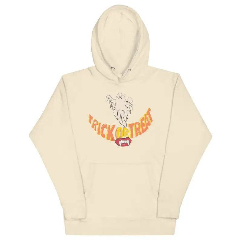 Cream-colored Treat Smiles Unisex Hoodie featuring a ghost and Trick or Treat design