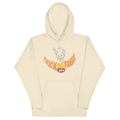 Cream-colored Treat Smiles Unisex Hoodie featuring a ghost and Trick or Treat design