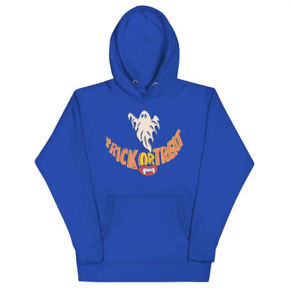 Royal blue Treat Smiles unisex hoodie featuring ghost design and Trick or Treat text