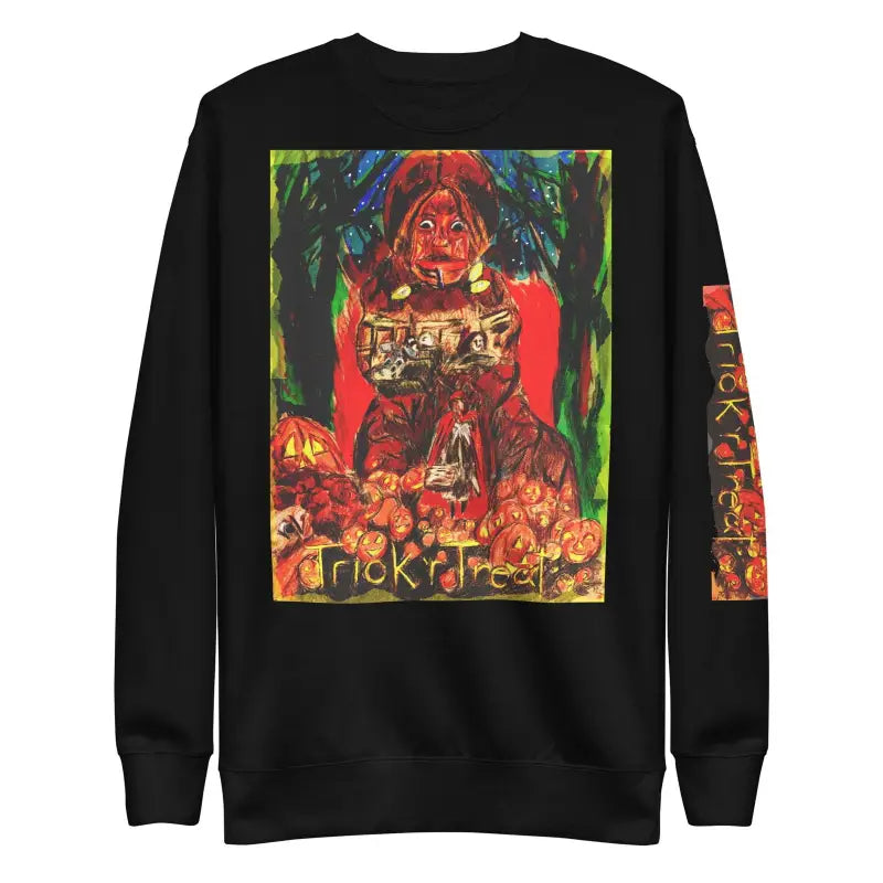 Black long-sleeve unisex premium sweatshirt with colorful abstract art design