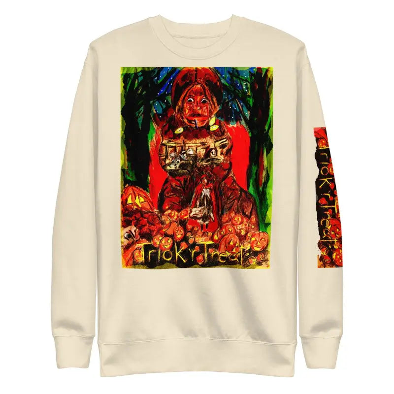 Cream-colored unisex premium sweatshirt with vibrant Halloween-themed artwork