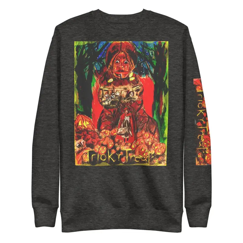 Dark gray unisex premium sweatshirt with colorful Halloween artwork and spooky pumpkins