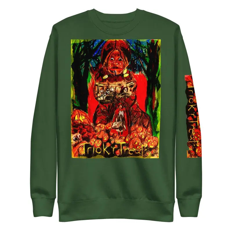 Dark green unisex premium sweatshirt with colorful abstract red and black artwork