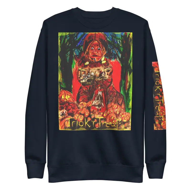 Black unisex premium sweatshirt with colorful Halloween artwork and trick r treat text