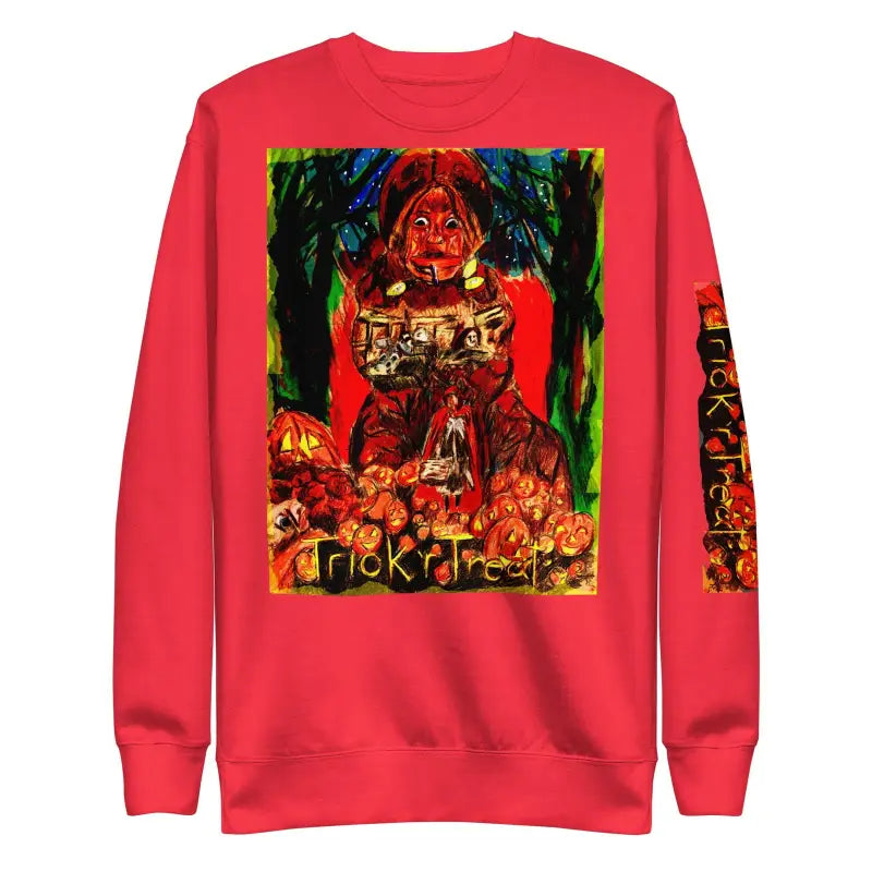 Red unisex premium sweatshirt with Halloween-themed pumpkin and dark forest artwork