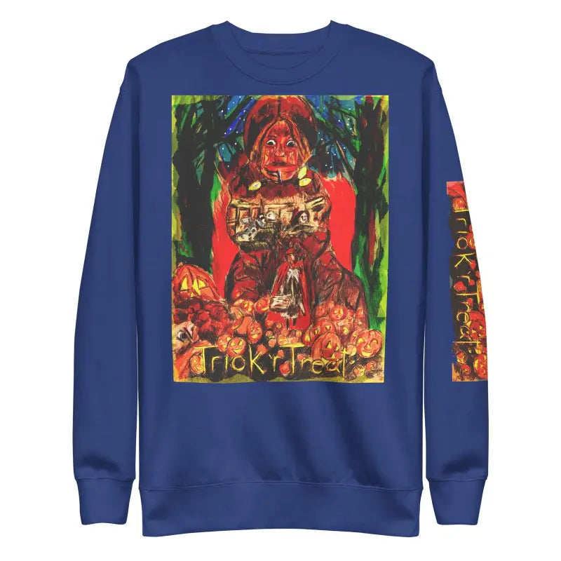 Navy blue unisex premium sweatshirt with colorful abstract red and green artwork