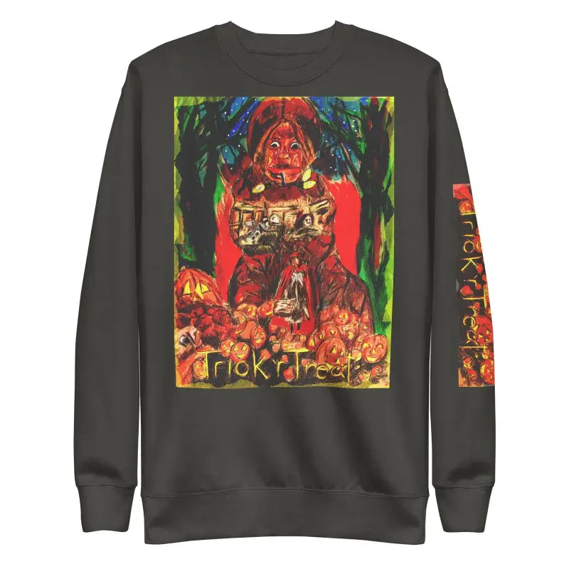 Black unisex premium sweatshirt featuring colorful horror artwork and Trick R Treat text