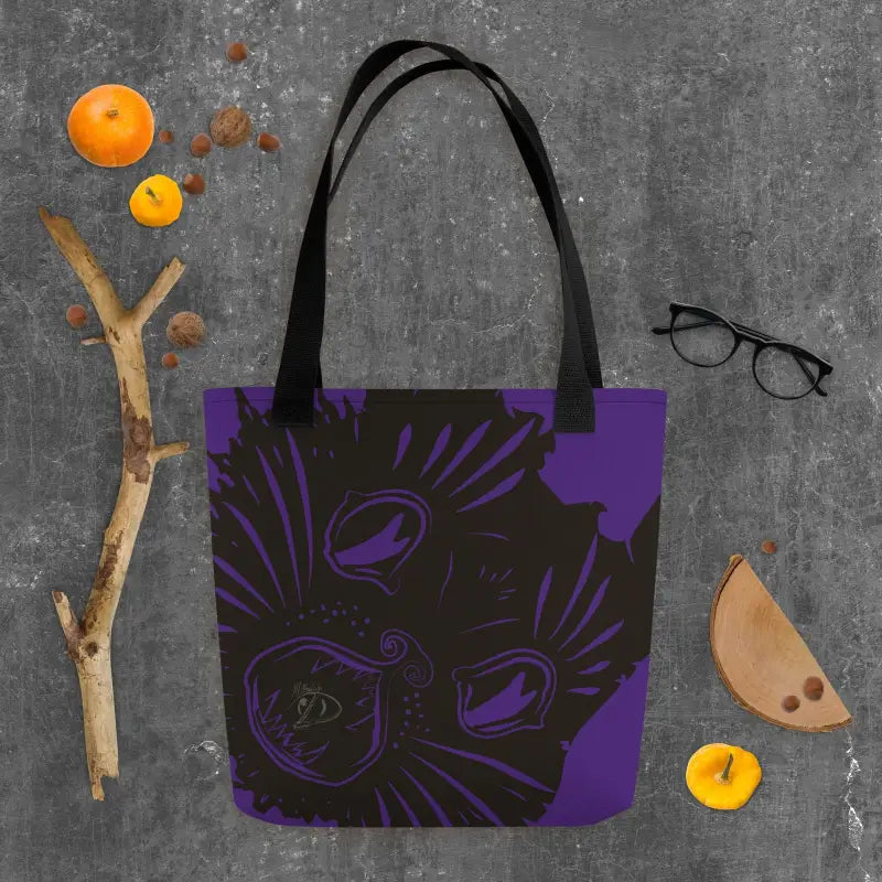 Purple and black tote bag with floral pattern for Enchanted Kitty Head Trick Halloween