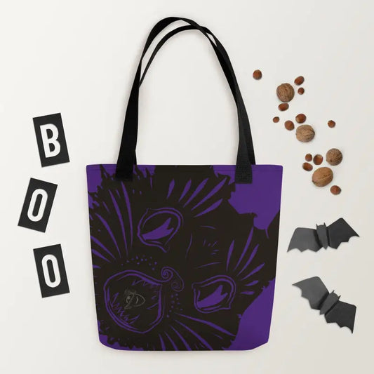 Purple tote bag with black handles featuring dark floral designs for Halloween Mystique