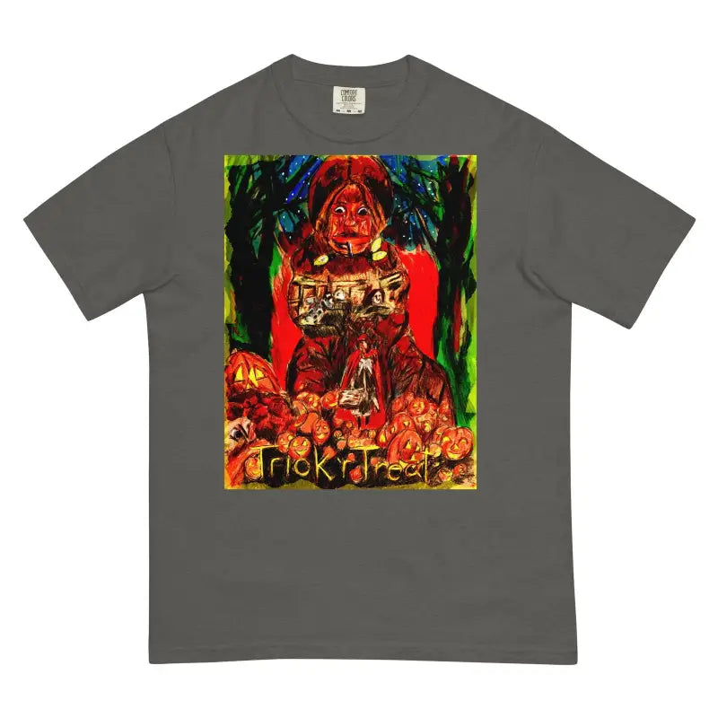 Grey Trick r Treat heavyweight t-shirt featuring vibrant Halloween artwork with pumpkins