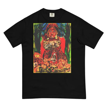 Black Trick R Treat heavyweight t-shirt featuring colorful horror-themed graphic print