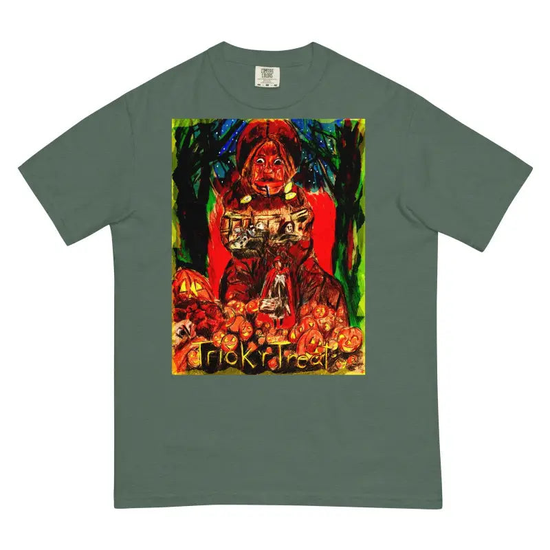 Olive green heavyweight t-shirt featuring vibrant Trick r Treat horror artwork design