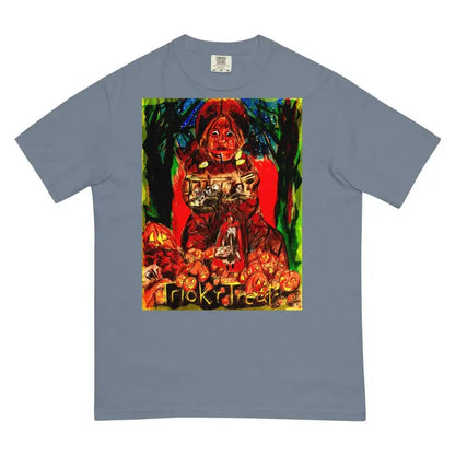 Grey heavyweight t-shirt featuring colorful Trick r Treat Halloween artwork and pumpkins