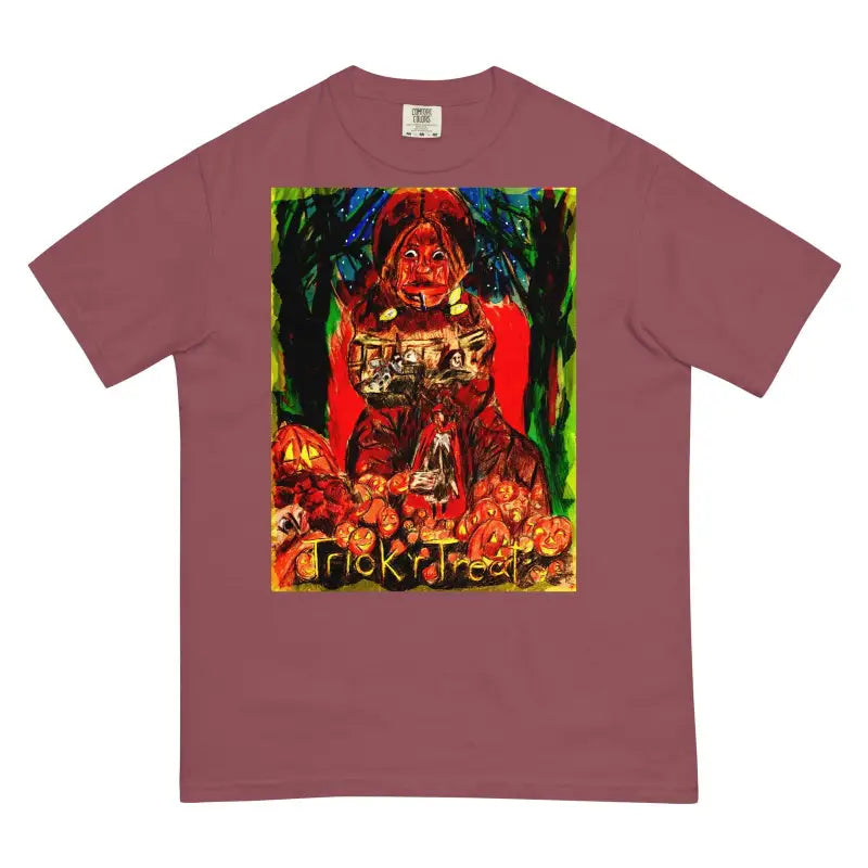 Mauve Trick r Treat heavyweight t-shirt with colorful Halloween pumpkin artwork