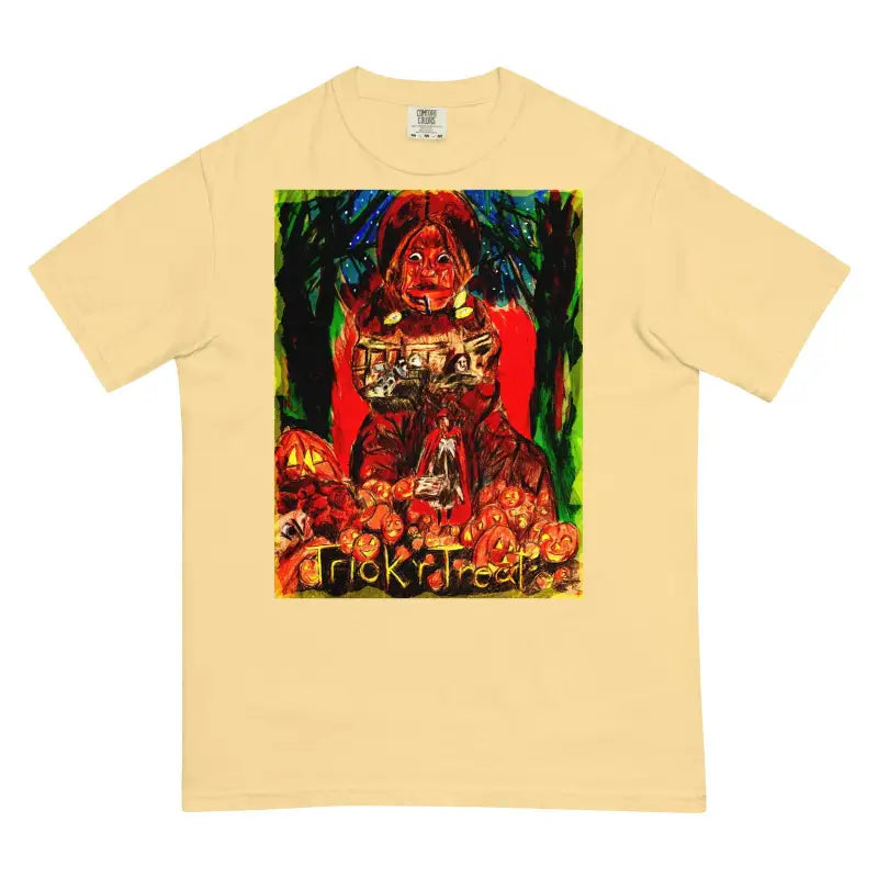 Yellow Heavyweight T-Shirt featuring Trick r Treat Halloween artwork with pumpkins and spooky design