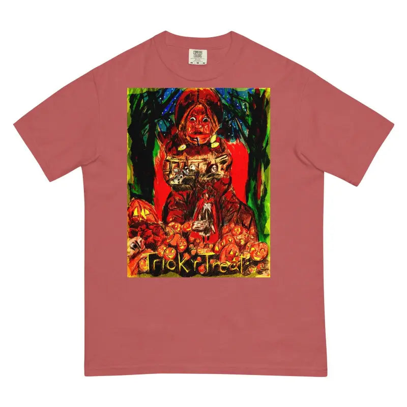 Pink heavyweight T-shirt featuring a colorful Halloween graphic with Trick or Treat design