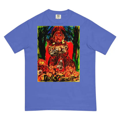 Purple heavyweight t-shirt featuring colorful Halloween artwork for Trick R Treat enthusiasts