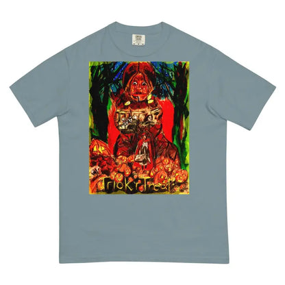 Grey heavyweight t-shirt with colorful Halloween artwork featuring pumpkin and trick r treat text