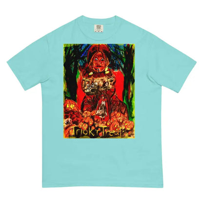 Mint green Trick r Treat heavyweight t-shirt with colorful Halloween pumpkin artwork