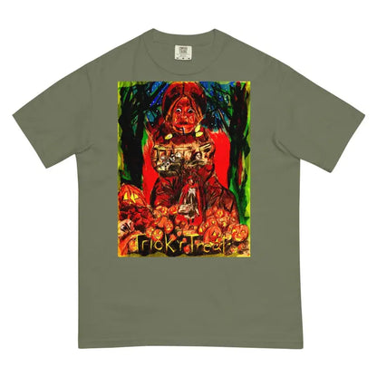 Olive green Trick r Treat heavyweight t-shirt with Halloween pumpkin and forest design