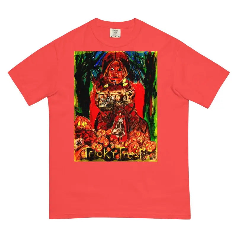 Coral heavyweight t-shirt featuring Halloween pumpkins and Trick or Treat design for unisex