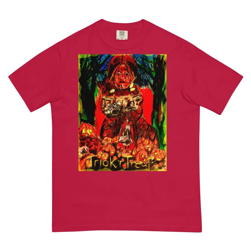 Red heavyweight t-shirt with colorful Halloween artwork featuring pumpkins and dark trees