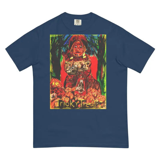 Navy blue heavyweight t-shirt featuring a colorful Trick r Treat Halloween graphic