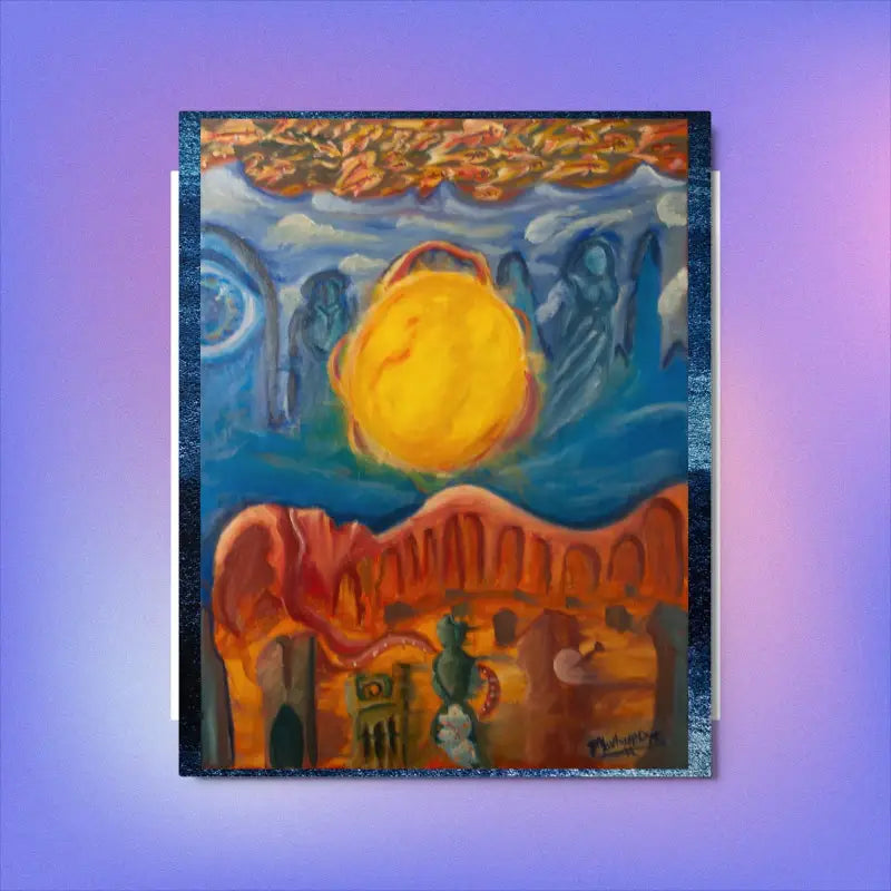 A vibrant metal print by Matthew Dye Art featuring a yellow sun over desert cliffs