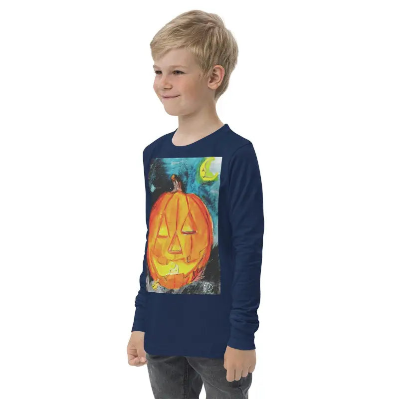 Navy blue youth long sleeve tee featuring a jack-o’-lantern design for Halloween