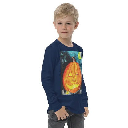 Navy blue youth long sleeve sweatshirt with bright orange jack-o’-lantern design for Halloween fun